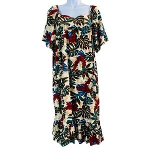 Hilo Hattie Hawaiian Tropical Palm Print Short Sleeve Midi Dress Size 2XL